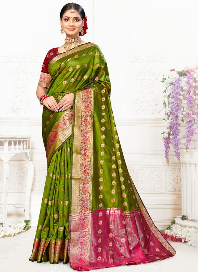 Cotton Olive Green Traditional Wear Weaving Saree